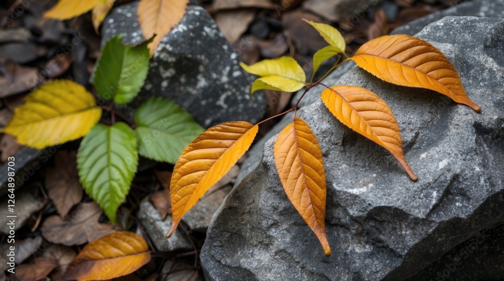 Poster Autumn leaves in various colors on textured rocks with a blurry background ideal for nature themes and Copy Space for text placement