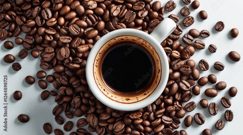 Poster coffee cup surrounded by roasted coffee beans on a light background with copy space for text inserti