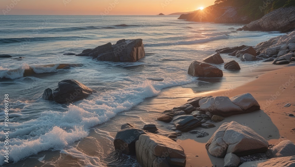 Poster coastal scene at sunset with waves crashing on rocks and sandy beach illuminated by warm sunlight co