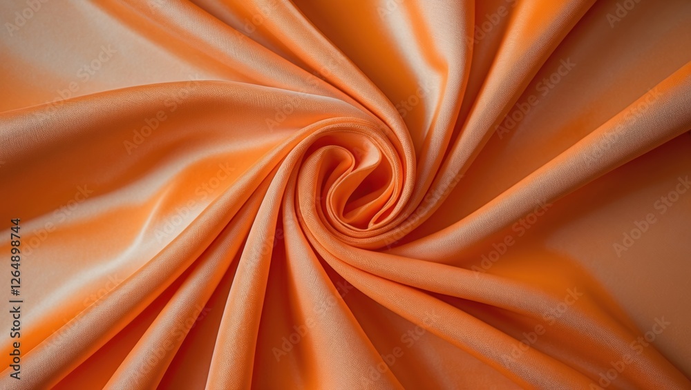 Poster Close-up of smooth orange satin fabric with elegant swirling pattern and soft texture suitable for textile or fashion use Copy Space