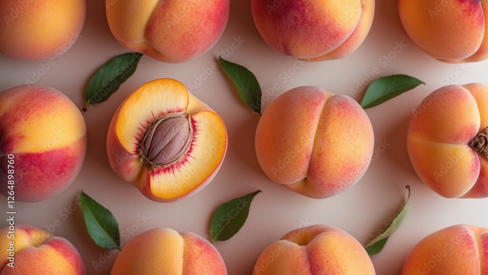 Poster fresh ripe peaches arranged artistically on a light background with green leaves for contrast and co