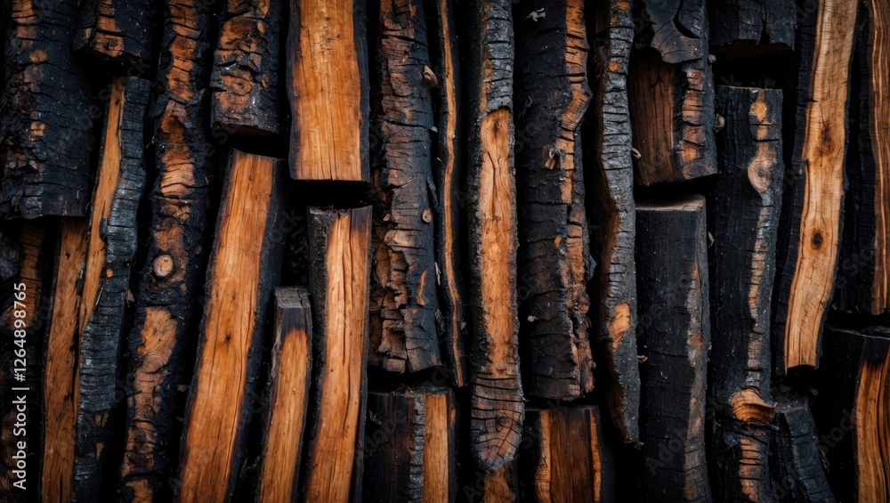 Poster textured background of charred and uncharred wooden logs stacked together with natural wood patterns