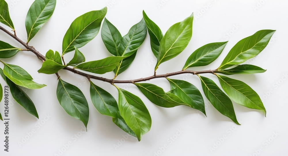 Poster green leaves on a branch arranged on a white background with natural light illustrating freshness an