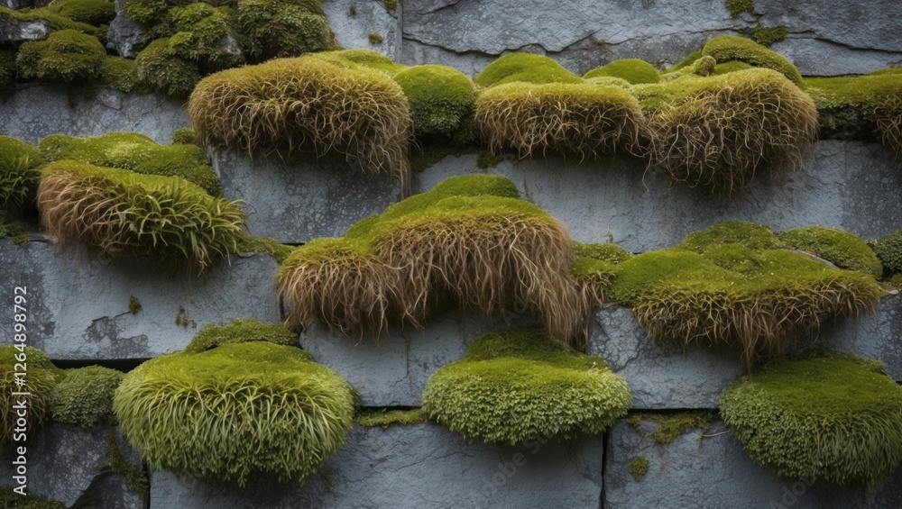 Aufkleber moss and lichens growing on textured stone wall surface creating a vibrant green landscape with natu