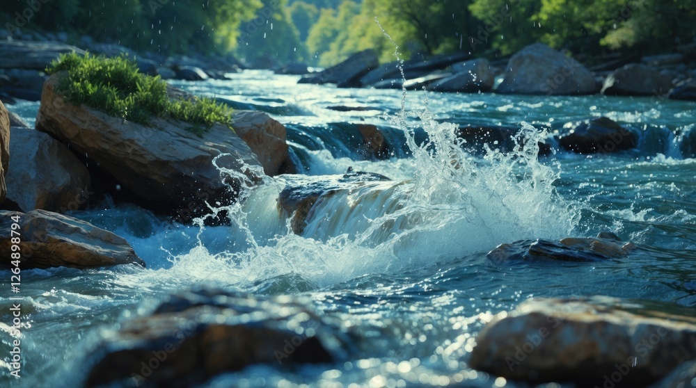 Poster river flowing over rocks surrounded by greenery with splashes of water and sunlight reflections on t
