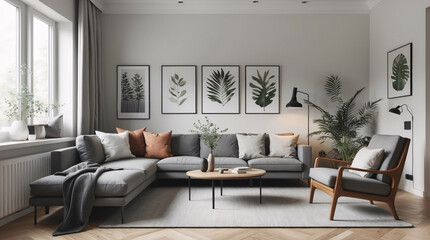 Fototapeta premium Sleek minimalist Scandinavian living room with a neutral gray couch and functional modern design elements for a timeless look Modern Interior Design Inspiration