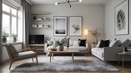 Fototapeta premium Sleek and minimalist Scandinavian living room with neutral gray couch and modern decor for a stylish functional home environment Modern Interior Design Inspiration