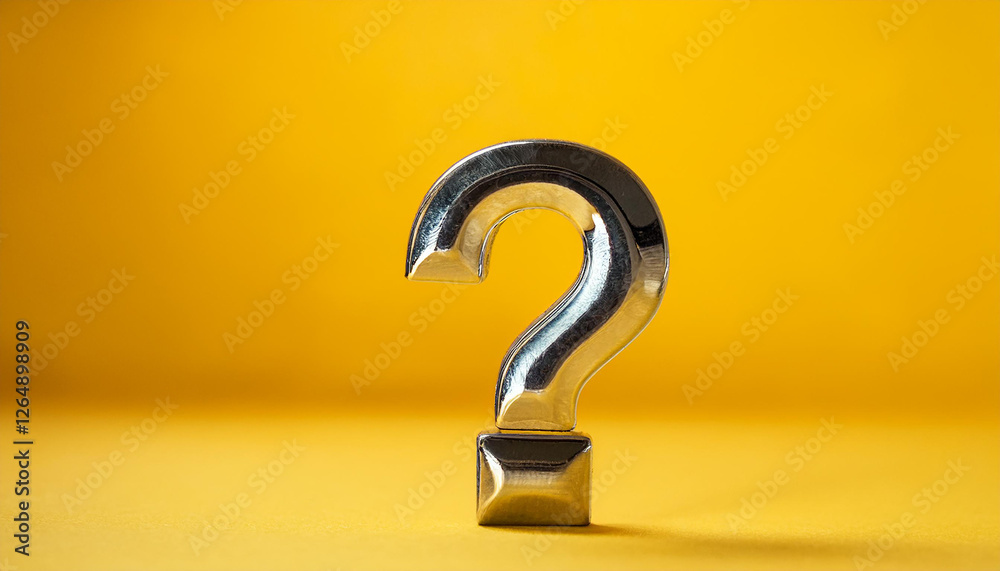 Poster shiny silver or chrome question mark on yellow background. faq and qa. problem solution.