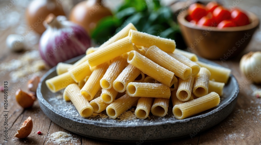 Poster raw pasta rigatoni on a rustic wooden table with fresh vegetables and herbs in the background copy s