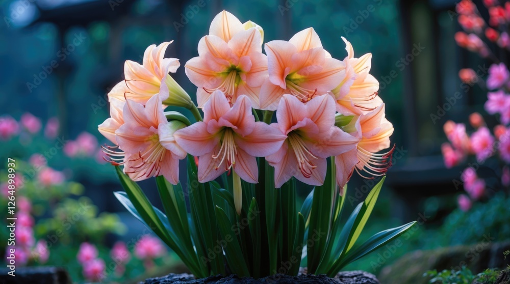 Poster Pink Amaryllis Flowers with Green Leaves in a Garden Setting Soft Focus Background with Additional Floral Elements