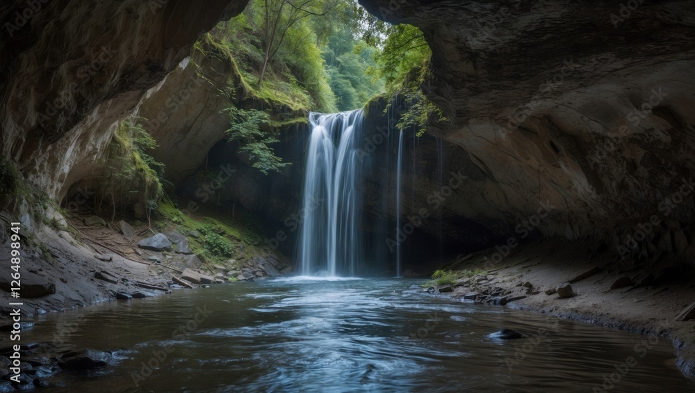 Poster Waterfall cascading into serene grotto with lush greenery reflections in tranquil pool surrounded by rocky cliffs Copy Space