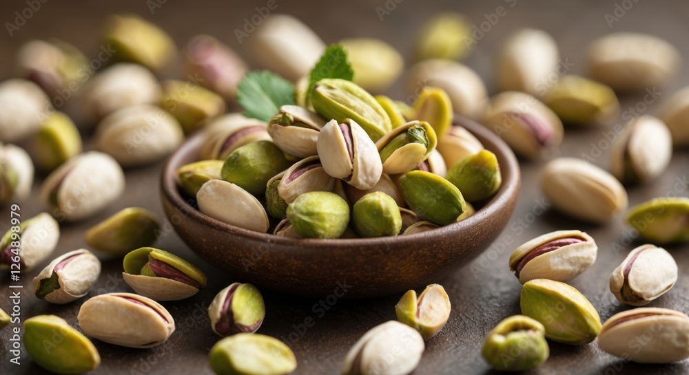 Poster pistachio nuts in a bowl with scattered nuts on a wooden surface with natural lighting and green gar