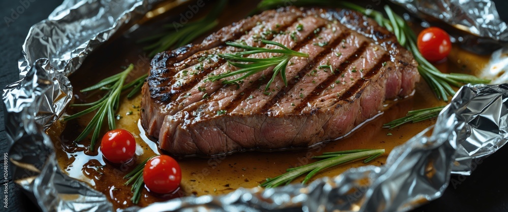 Poster grilled steak with herbs and cherry tomatoes in foil on dark background with copy space