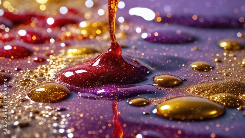 Poster close-up of colorful liquid droplets with glittering sparkles on surface illuminated by light copy s