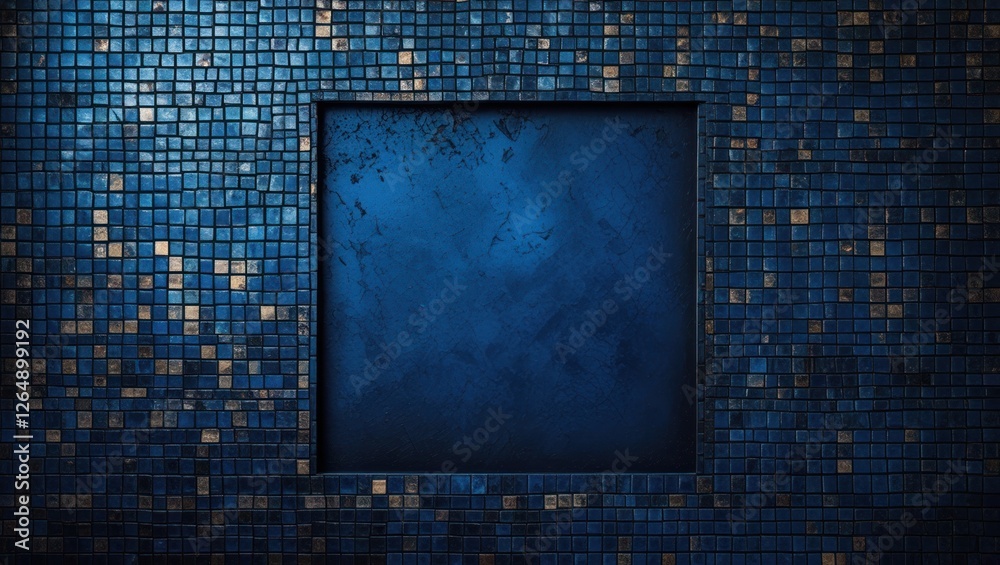 Poster Blue mosaic wall with empty square frame for text placement featuring textured squares in various shades of blue and gold accents Copy Space