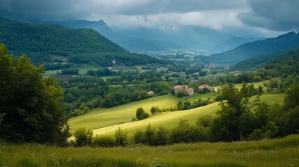 Obraz premium A beautiful, lush green field with a few trees in the background. The sky is cloudy, but the sun is shining through the clouds, creating a peaceful and serene atmosphere