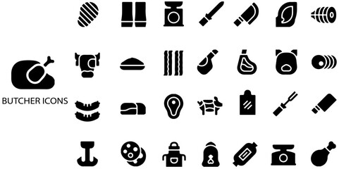 Butcher icons simple concept 28 icons set. Vector illustration.