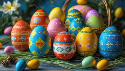 Colorful decorated Easter eggs arranged with greenery and flowers in a rustic basket on a wooden table Copy Space