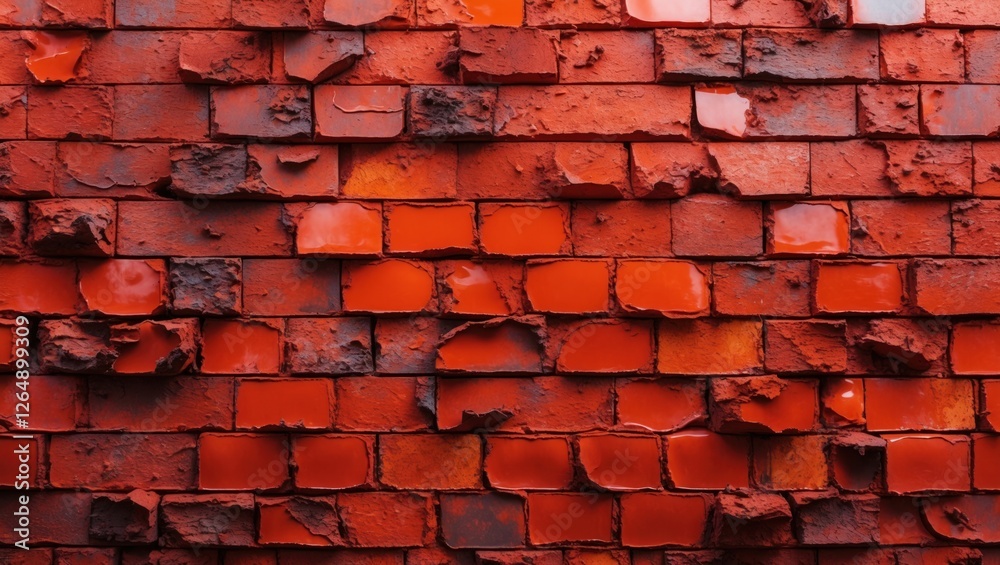 Aufkleber Red brick wall with peeling paint and textured surface featuring rough patches and an aged appearance with Copy Space