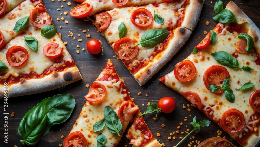 Poster slices of margherita pizza with fresh tomato, basil, and cherry tomatoes on wooden table background 