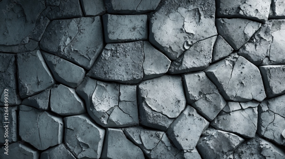 Poster Cracked textured surface of aged concrete wall with uneven patterns and multiple shades of gray suitable for backgrounds and overlays