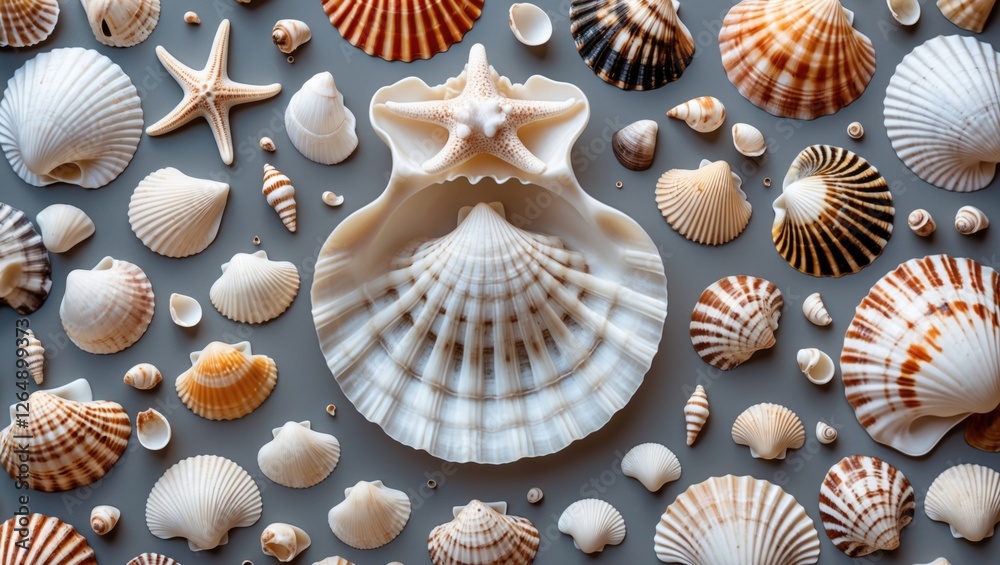 Poster Collection of assorted seashells and starfish on grey background arranged artistically with empty space for text Copy Space