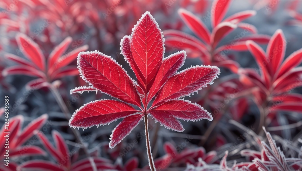 Poster frosted red leaves in winter landscape with blurred background showcasing vibrant colors and texture