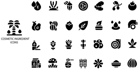 Cosmetic ingredient simple concept 28 icons set. Eco friendly cruelty free line badges for beauty products .Vector illustration.