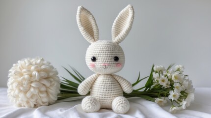 Crocheted white bunny toy surrounded by flowers on soft fabric background with Copy Space for text insertion