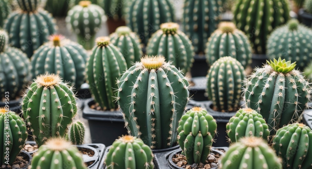 Aufkleber Cacti collection in pots with various shapes and sizes showcasing green spines and textures Copy Space