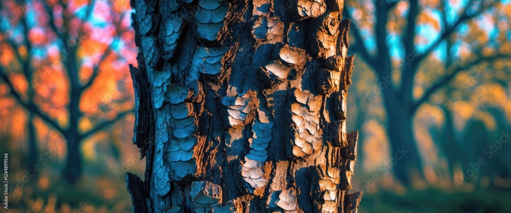 Poster Close-up of textured tree bark with autumn foliage in the background creating a blurred bokeh effect Copy Space
