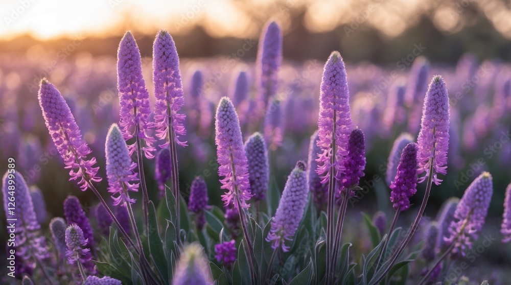 Aufkleber Purple flowering plants in a field during sunset with natural light and soft focus in the background Copy Space