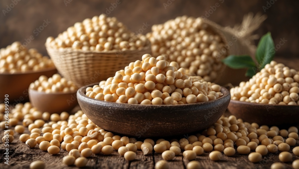 Poster soybeans in bowls and baskets with scattered grains on wooden surface, agricultural background with 