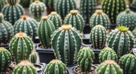 Cacti collection in pots with various shapes and sizes showcasing green spines and textures Copy Space