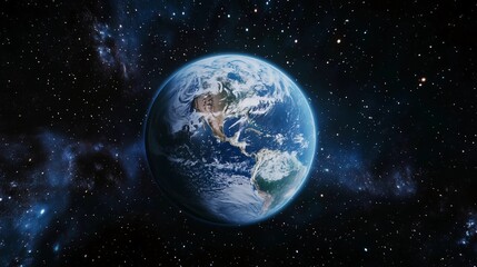 A blue and white planet in the middle of the night sky. The planet is surrounded by a vast number of stars