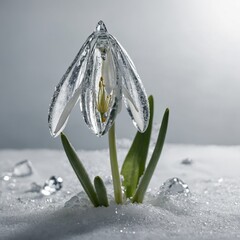 A shimmering diamond snowdrop with icy clear petals, glowing on a pure white surface.