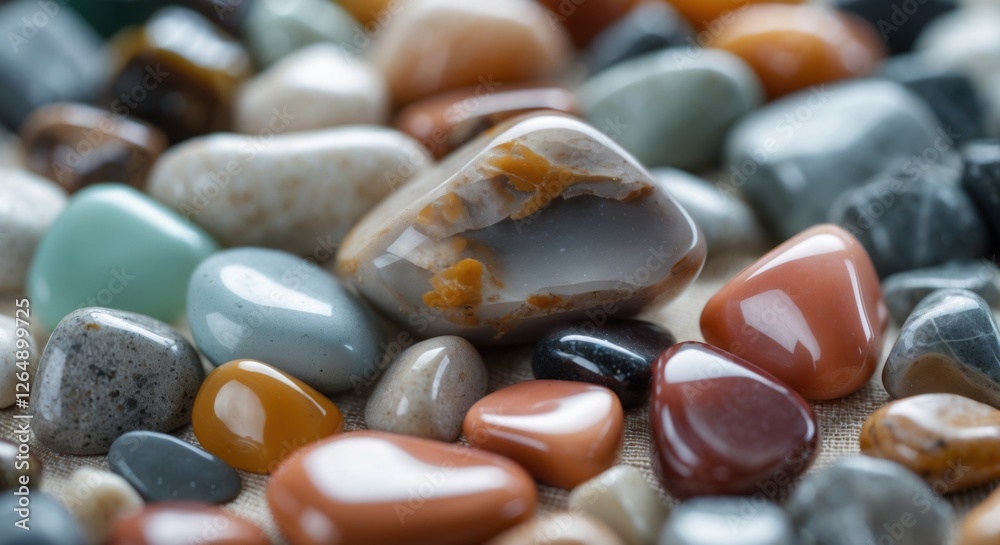 Poster Colorful collection of polished gemstones and minerals arranged on a fabric surface with varying shapes and sizes Copy Space
