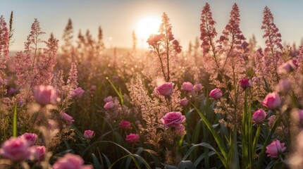 Obraz premium Sunset over a flower field with pink roses and tall grass, warm colors, nature scenery, copy space available for text.