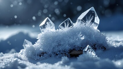 Close-up of ice crystals and snowflakes on snow surface with soft bokeh background and cool tones Copy Space