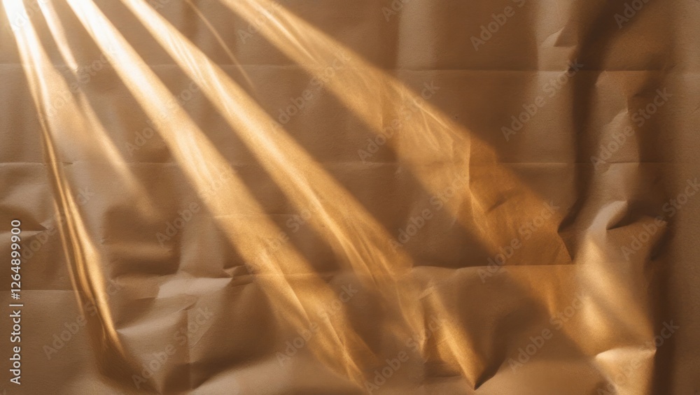 Poster wrinkled textile surface illuminated by sunlight with diagonal light rays visible in modern photogra