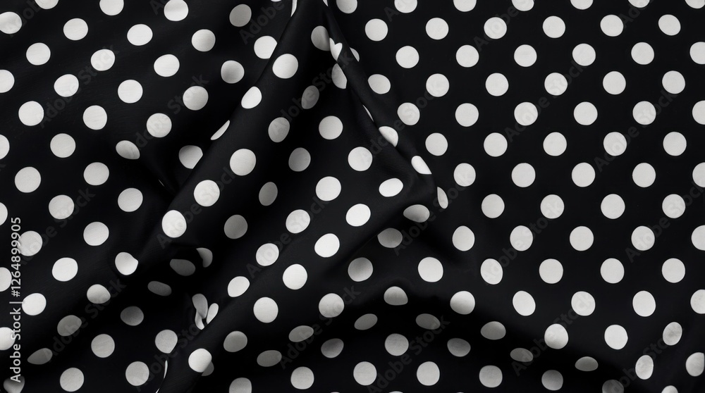 Poster black fabric with white polka dots texture close-up background with folds and wrinkles copy space
