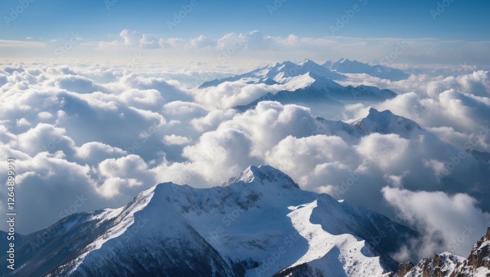 Poster aerial view of snow-capped mountains surrounded by fluffy clouds under a clear blue sky with panoram