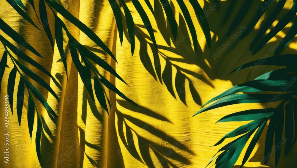 Aufkleber green tropical palm leaves casting shadows on textured yellow fabric background with ample space for