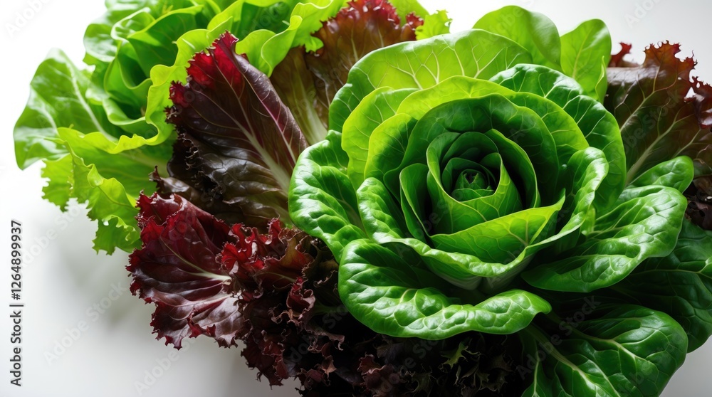 Poster fresh variety of lettuce including green and red varieties arranged in a decorative manner on a whit