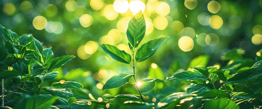Aufkleber green leaves in sunlight with bokeh effect soft focus background natural foliage with bright highlig
