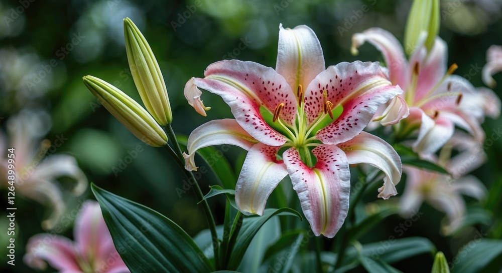 Poster pink and white lily flower with buds on green blurred background with copy space for text