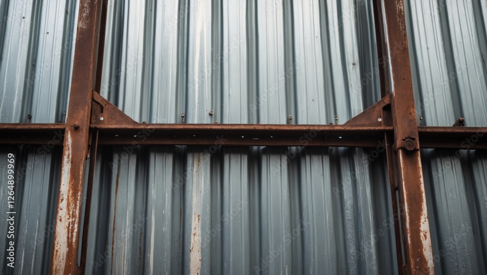 Poster Rusty metal texture with corrugated sheets and steel structure elements background Copy Space
