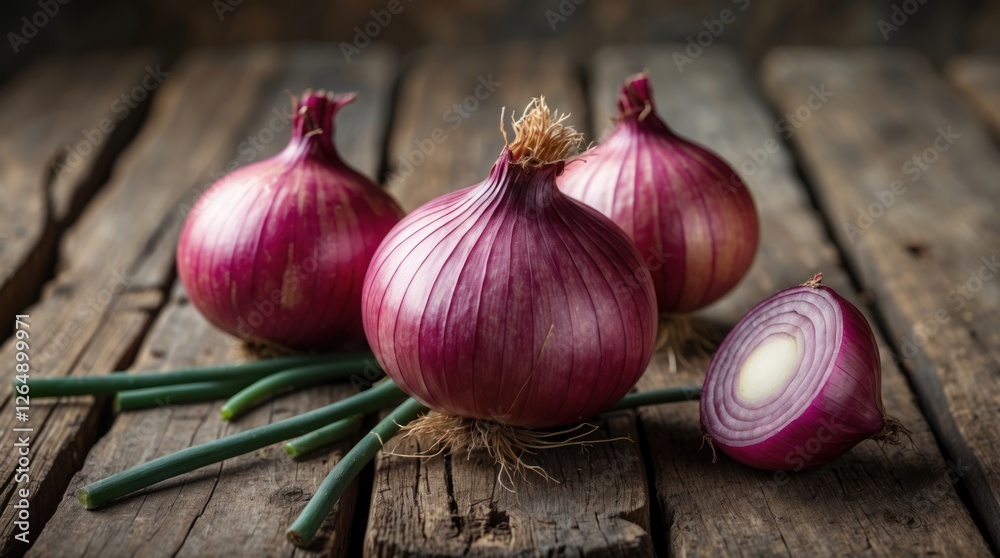 Poster fresh red onions with green chives on rustic wooden background, one onion sliced showing inner layer