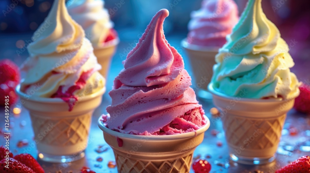 Poster colorful ice cream cones with various flavors on a reflective surface surrounded by fresh strawberri