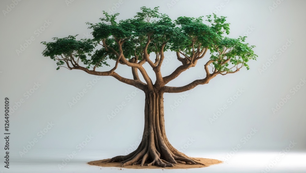 Poster Large green tree with thick trunk and branches isolated on light background with ample space for text Copy Space